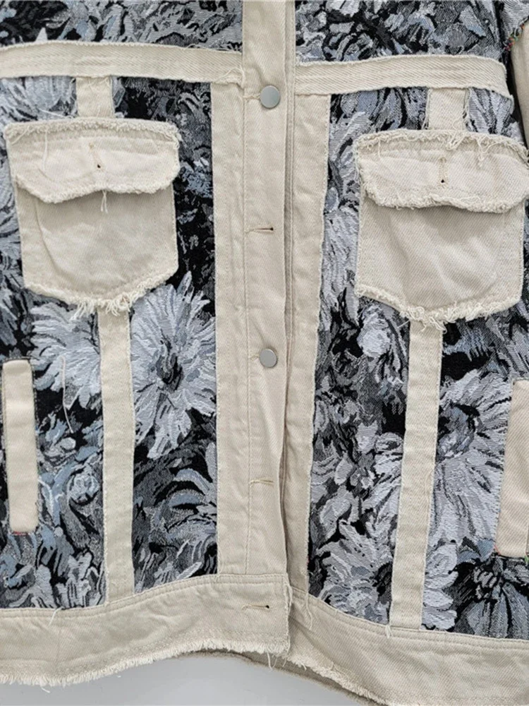 Vintage Trendy Women's Patchwork Print Loose Coat  Summer Fashion Turn-down Collar Long Sleeves Jacket Female