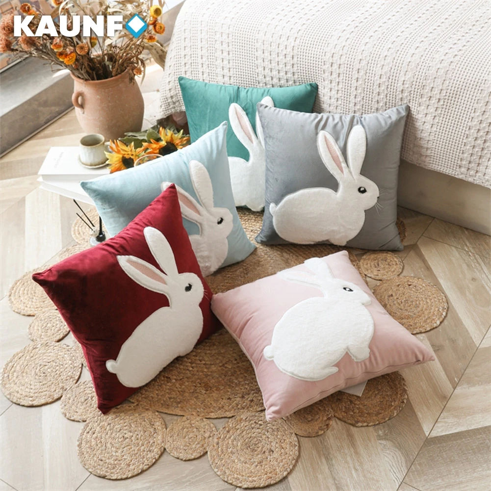 KAUNFO Cartoon Cute Rabbit Embroidered Sitting Cushion Covers Decorative Pillow Cases for Sofa Home Pillow Cover 45*45