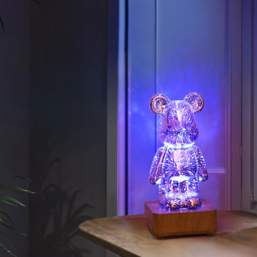 Lámpara LED de fuegos artificiales 3D, luz nocturna de oso, proyector regulable por USB, atmósfera colorida, sala de estar, dormitorio, Decoración