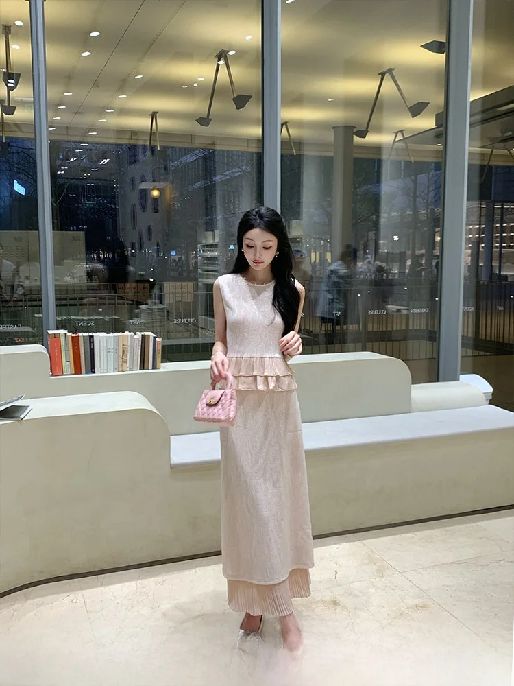 

Универсальный комплект из двух предметов: жилет и юбка, женский летний, премиум-класса, из полиэфирного волокна, с круглым вырезом, без рукавов