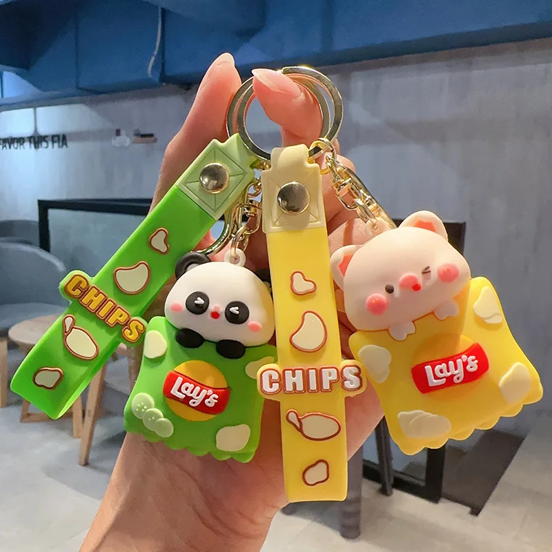 Creative Cute Crisps Piggy / Panda Doll Keychain Girls Cartoon Animal Backpack Couple Decoration Charm Gift Car Key Pendant