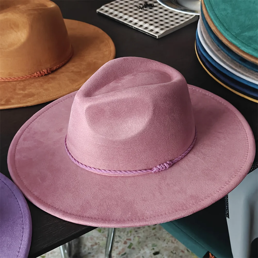 New color suede plain fedora hat unisex church jazz hat Panama felt hat wedding hat colorful braided belt accessories