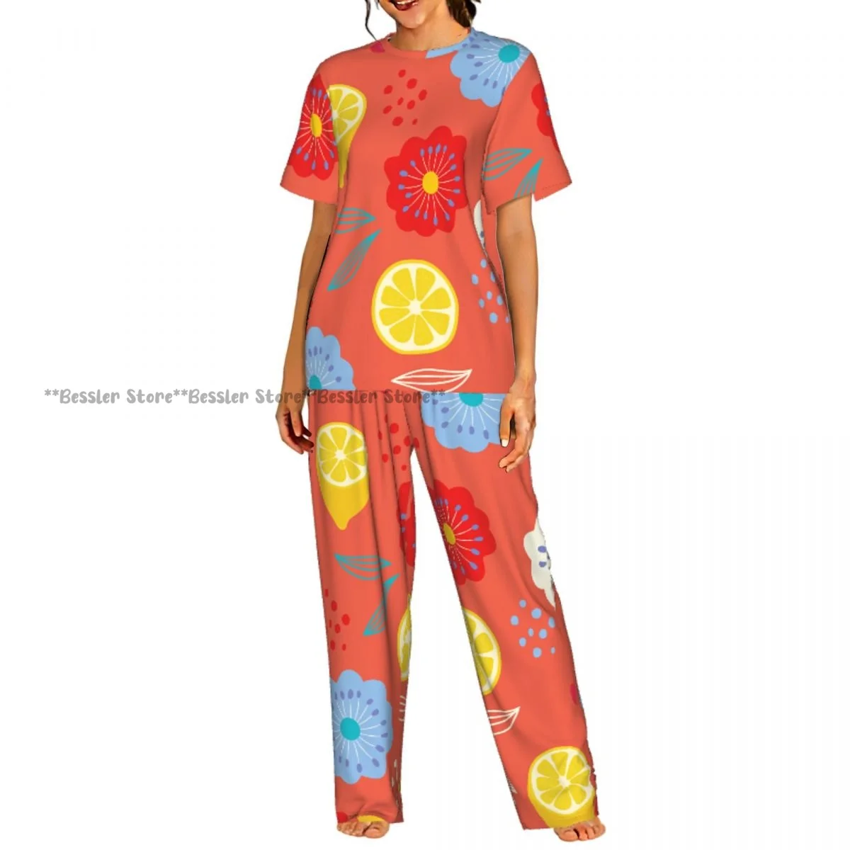 

Женский летний комплект пижамы с короткими рукавами и брюками, с принтом лимонов и цветов, повседневный.