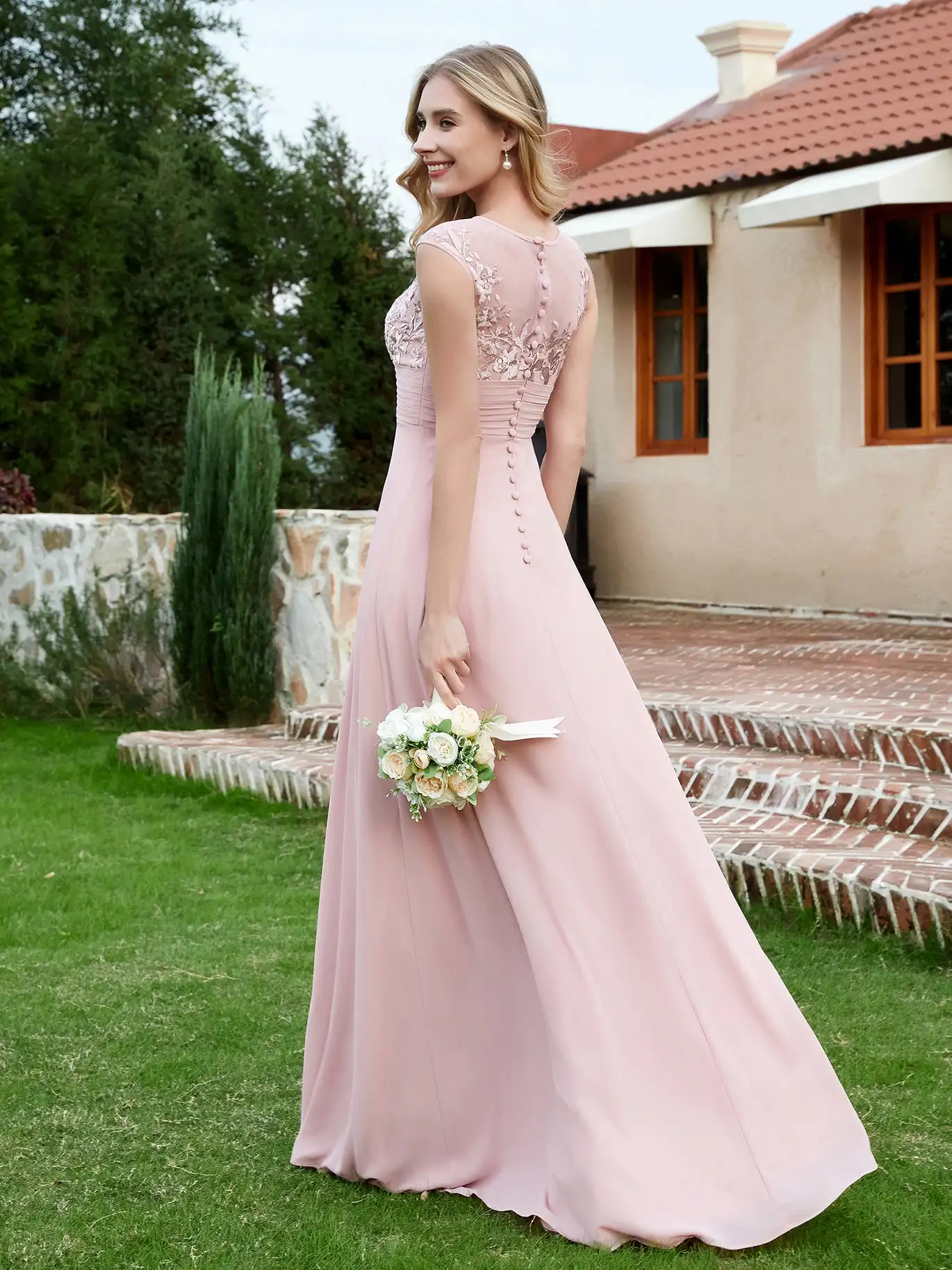 Lllusion Chiffon And Lace Bridesmaid Dress Button Sleeveless A-Line Wedding Cocktail Dresses Pleated Floor-Length Evening Gowns