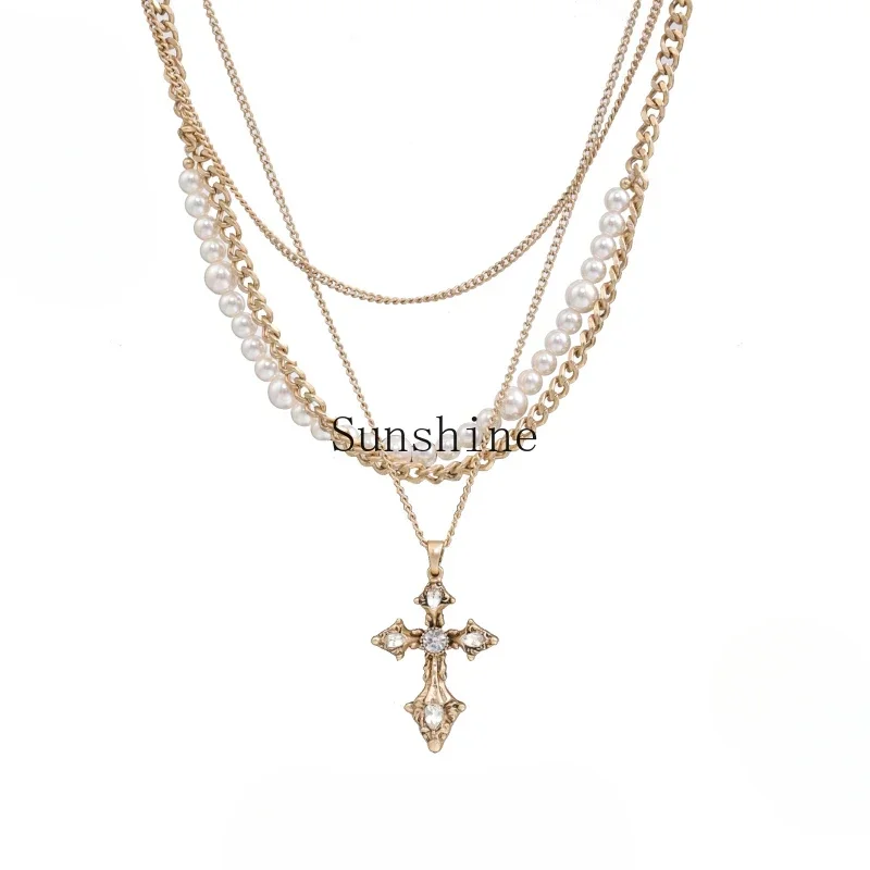 

American Baroque Pearl Cross Necklace Premium Matte Ancient Gold Multilayer Stacked Sweater Chain