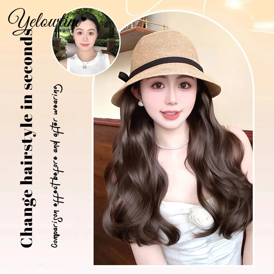 YELOWTIM Long Synthetic Fluffy Natural Wave Wavy Curly Hair Wigs with Cap Fisherman's Hat Naturally Connect Adjustable Hat Wig