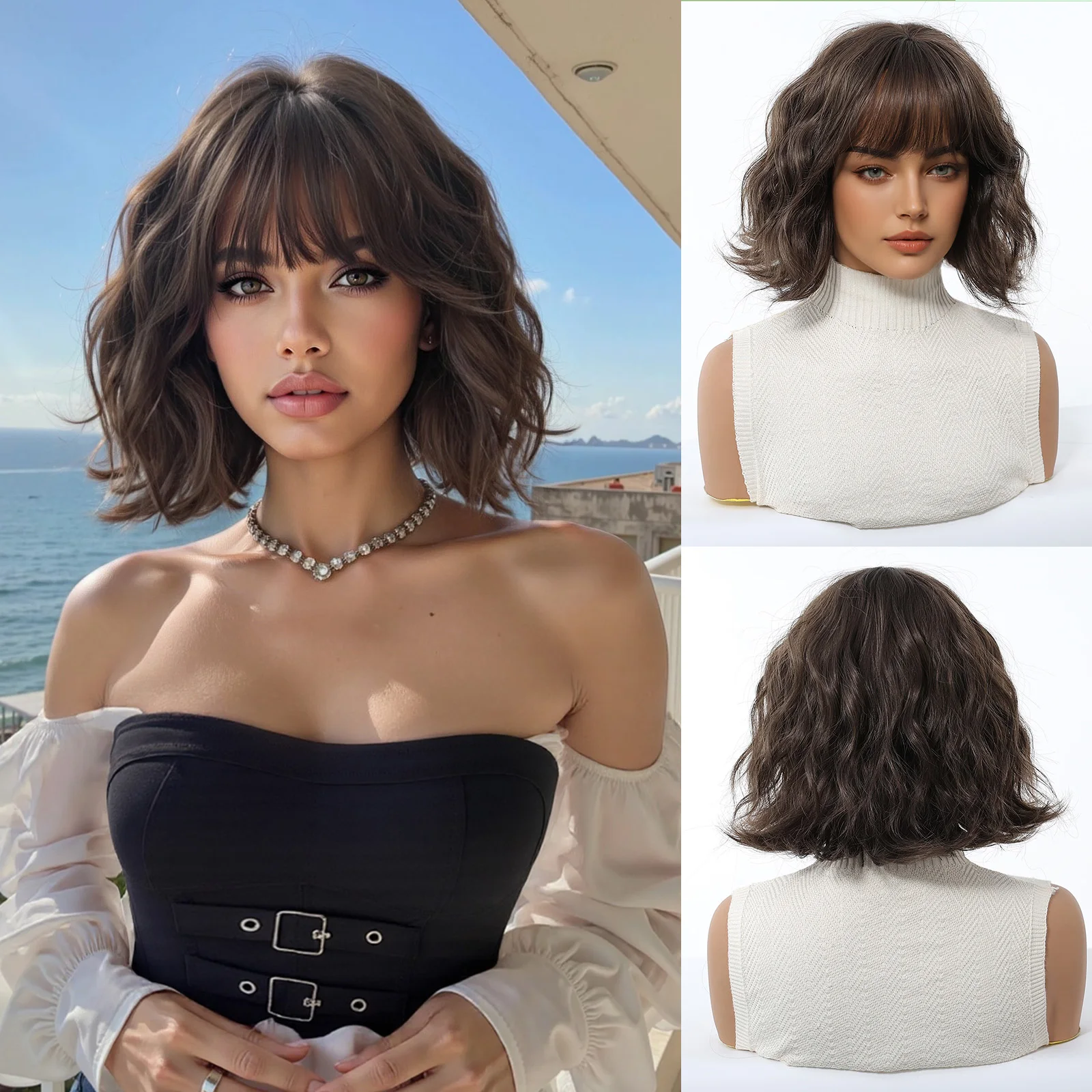 

Dark Brown Wavy Bob Synthetic Wigs with Bangs Short Natural Hair for Women Use Daily Party Cosplay Heat Resistant Fiber