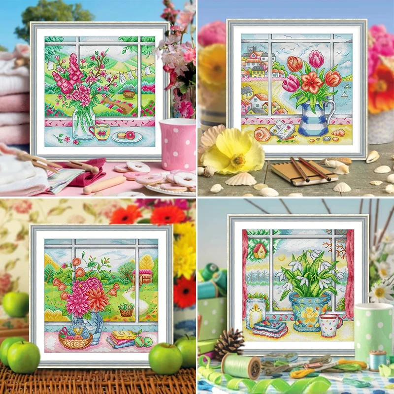 春のモダンな手作りクロスステッチキット、小さな花柄の窓辺の花瓶刺繍diy、綿生地の植物花柄