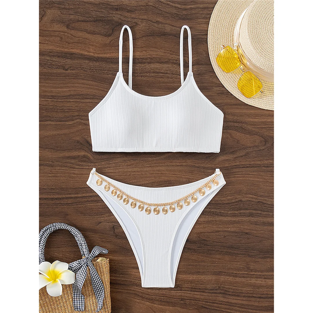 Metallketten, hoch geschnittenes Bein, brasilianischer Bikini, Damen-Badeanzug, zweiteiliges Bikini-Set, Badebekleidung, Badeanzug, Schwimmkleidung V6009 – Detail 8