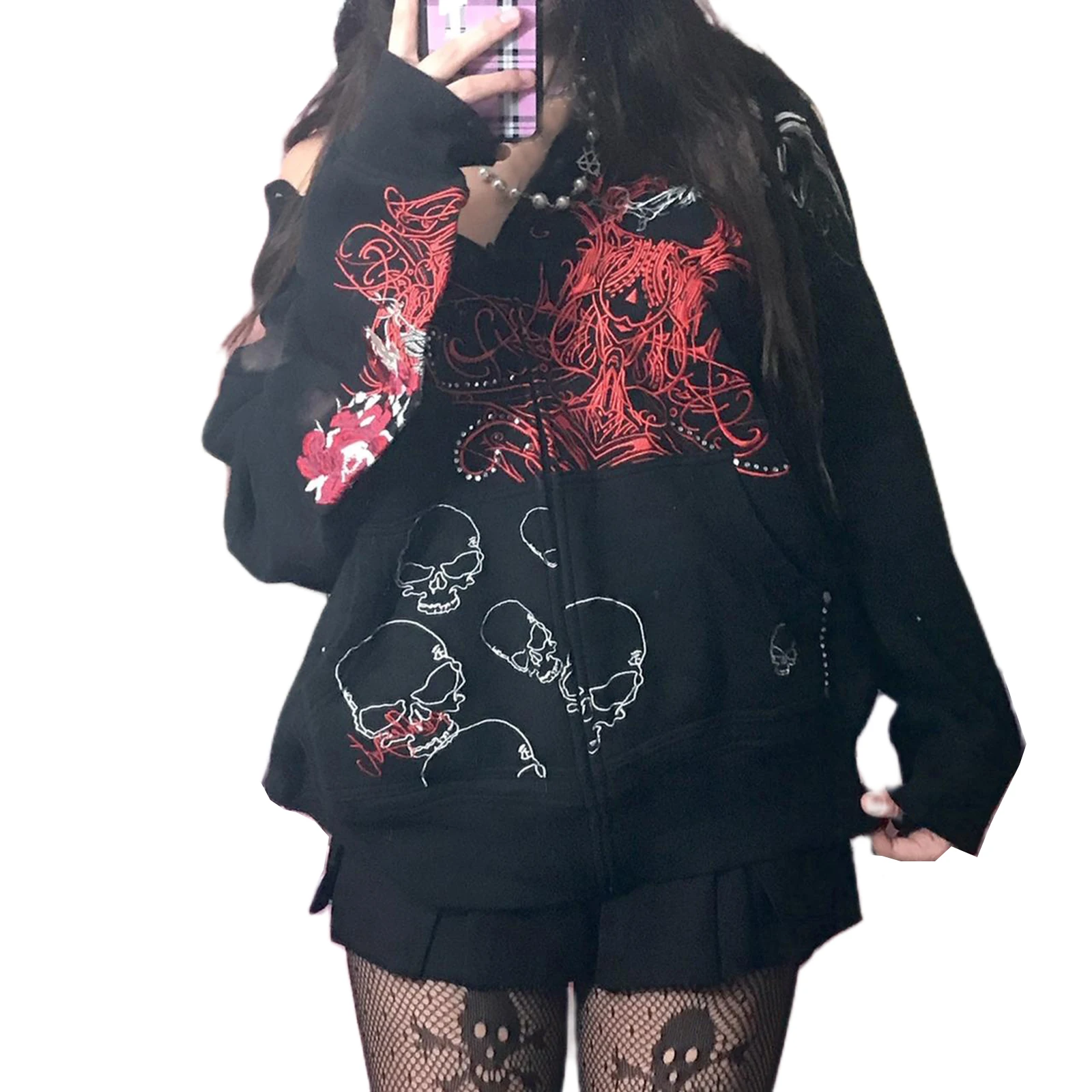 Women Zip Up Hoodie Vintage Graphic Oversized Hooded Sweatshirt Jacket Grunge Fairycore Coats Cardigan Harajuku Streetwear