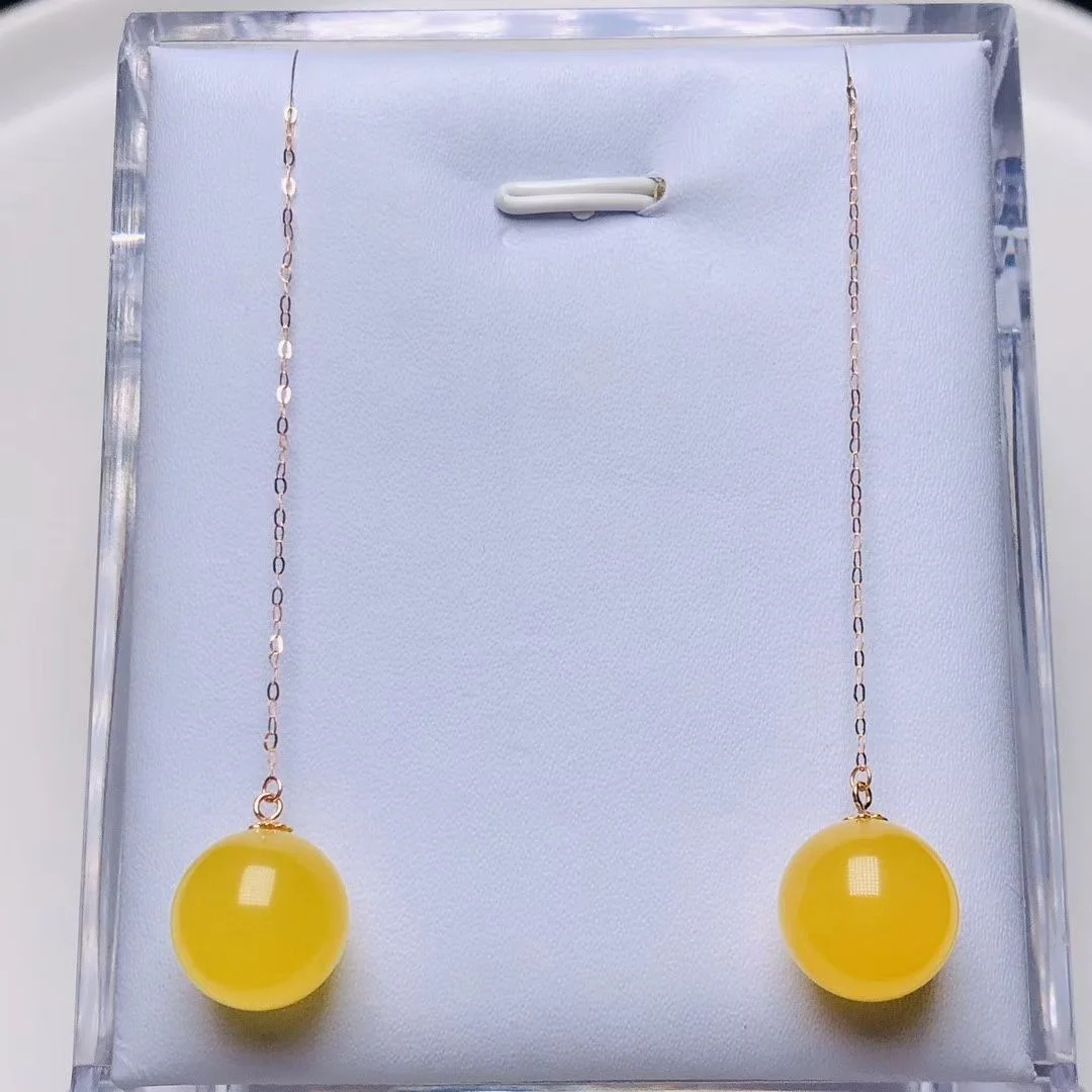 

Certificated 18K Solid Gold 11-12mm Natural Untreated Baltic Amber Ear Threader Bead Drop Dangle Earrings Dropship High Jewelry