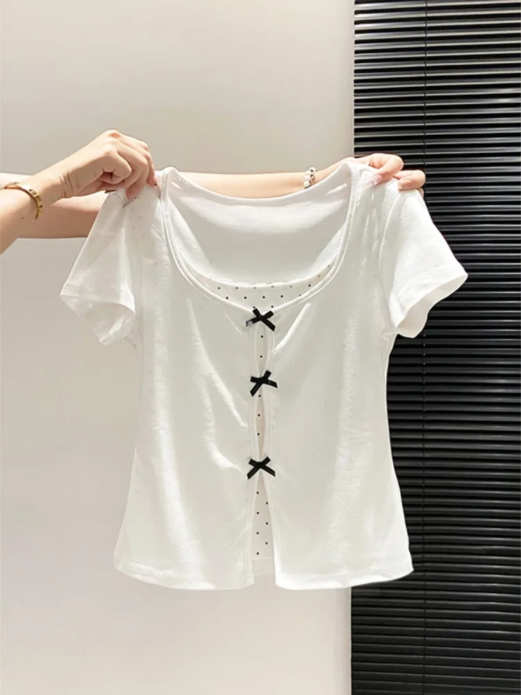Slim Fit Short Sleeve T-Shirt Women's Summer New Style Korean Style  Knot Short Length Top Pure Desire Wave Point Fa...
