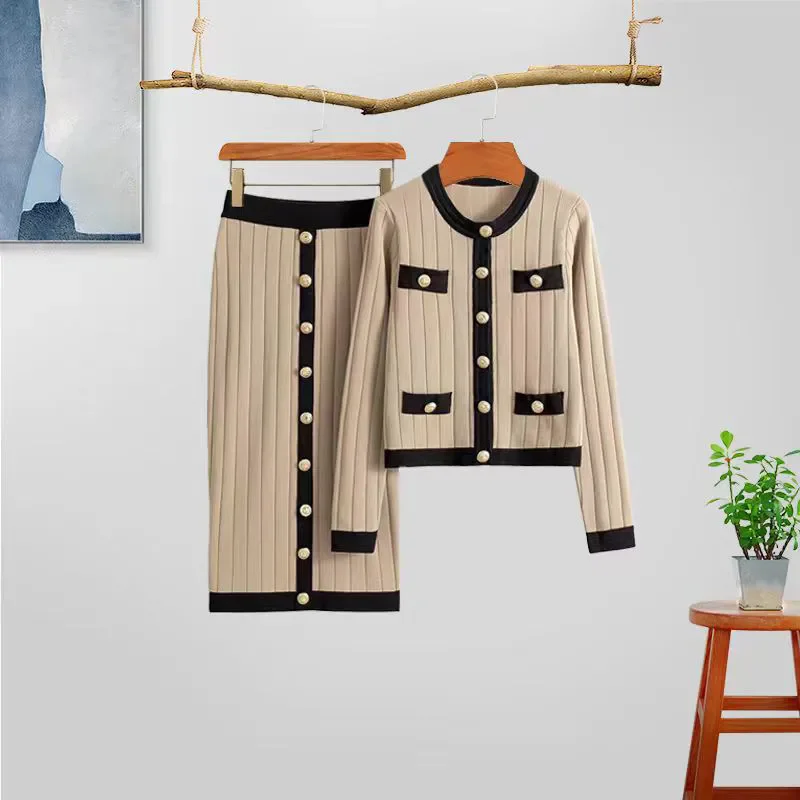 Korean Vintage Knit Skirts Sets Women New Slim O-neck Short Sweater Cardigan 2 Piece Suits Chic Button Malhas Faldas Conjunto