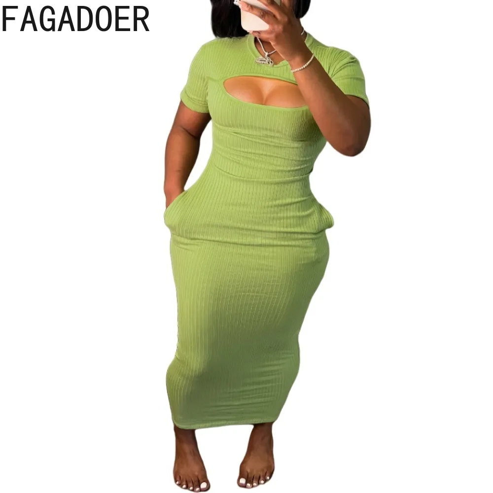 FAGADOER-Vestidos Bodycon ahuecados de Color sólido para mujer, cuello redondo, manga corta, Delgado, vestido con bolsillo, Primavera, nuevo