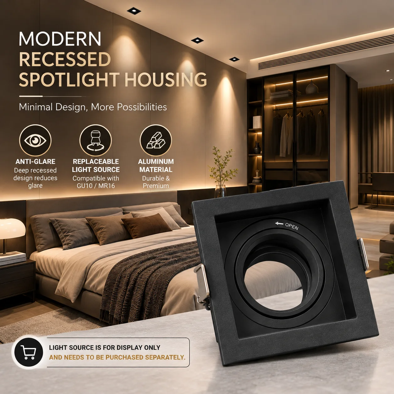 75x75mm Square GU10 MR16 Recessed Spotlight Housing Anti Glare Eye Comfort Replaceable Bulb Aluminum Frame Modern Luxury Minimal
