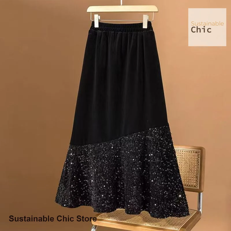 Korean retro plus size high waist skirt women's spring and autumn new fashion temperament western casual sequined skirt.