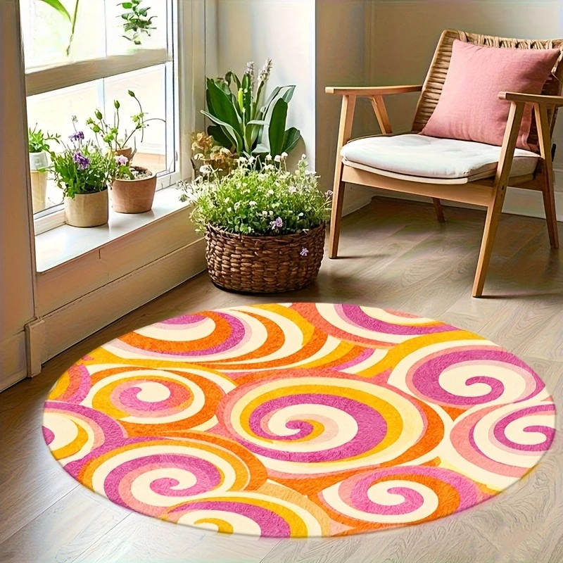 Vintage Abstract Color Block Circular Area Rug  Mid Century Geometric Round Mat Warm Tone Home Office Sofa Floor Rug