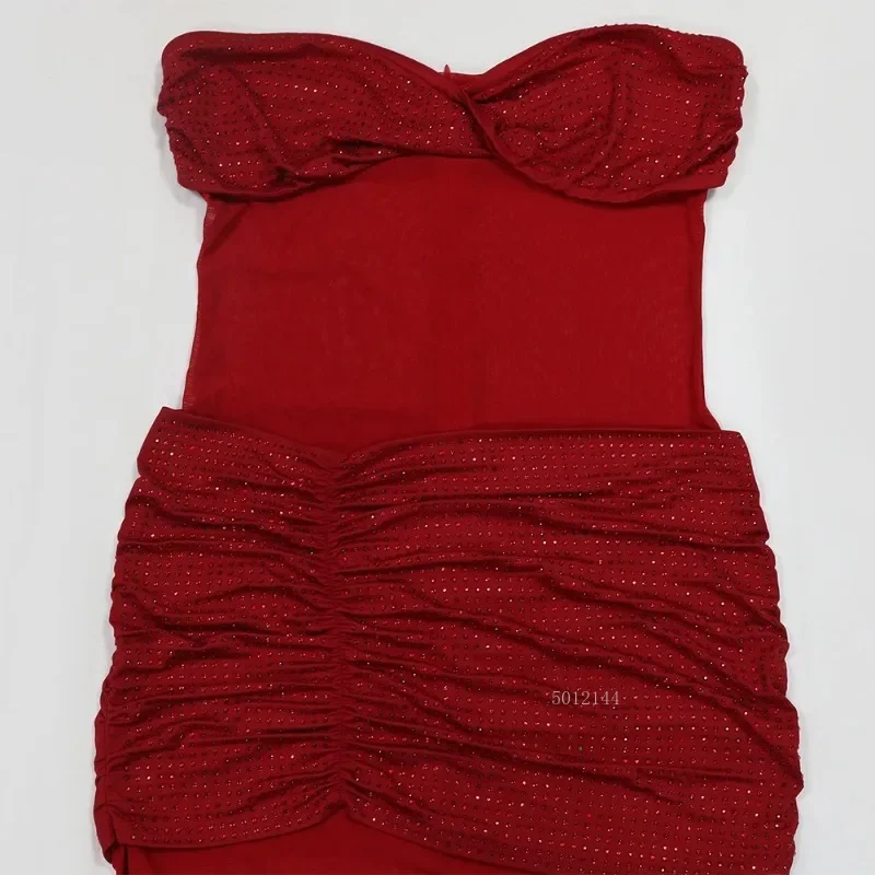 Europe America 2025 Tube Top Milk Silk Splicing Mesh Hot Diamond Party Hip Wrap Dress Long Dress