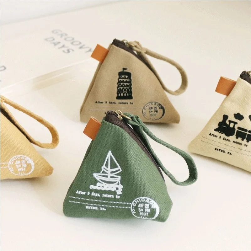 Women\'s Creative Retro Dumpling Coin Purse Fashion Canvas Cute Coin Purse Key Bags Tower Print Triangle Portable Mini Bag