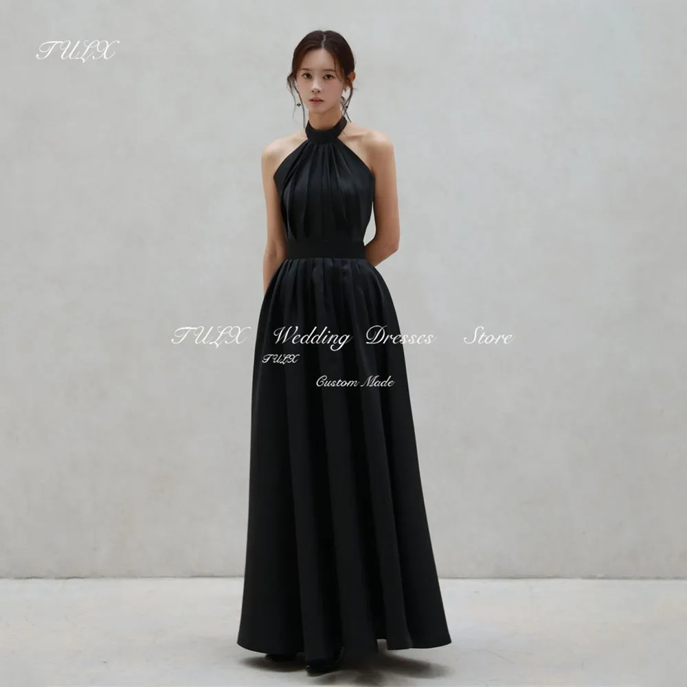 

TULX Elegant Halter Sleeveless Evening Dress Korea Wedding Photo Shoot Floor Length Black Pleat Party Event Gown Custom Made