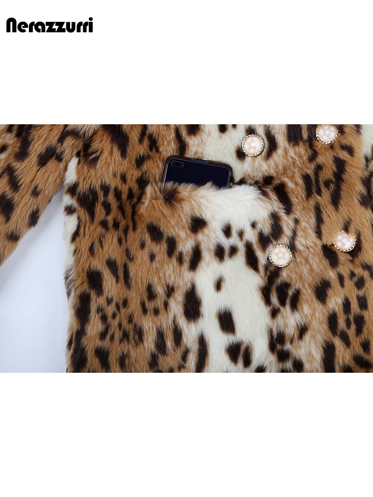 Nerazzurri Autumn Winter Colorful Leopard Print Thick Warm Hairy Faux Fur Coat Women Double Breasted Luxury Fluffy Jacket 2023