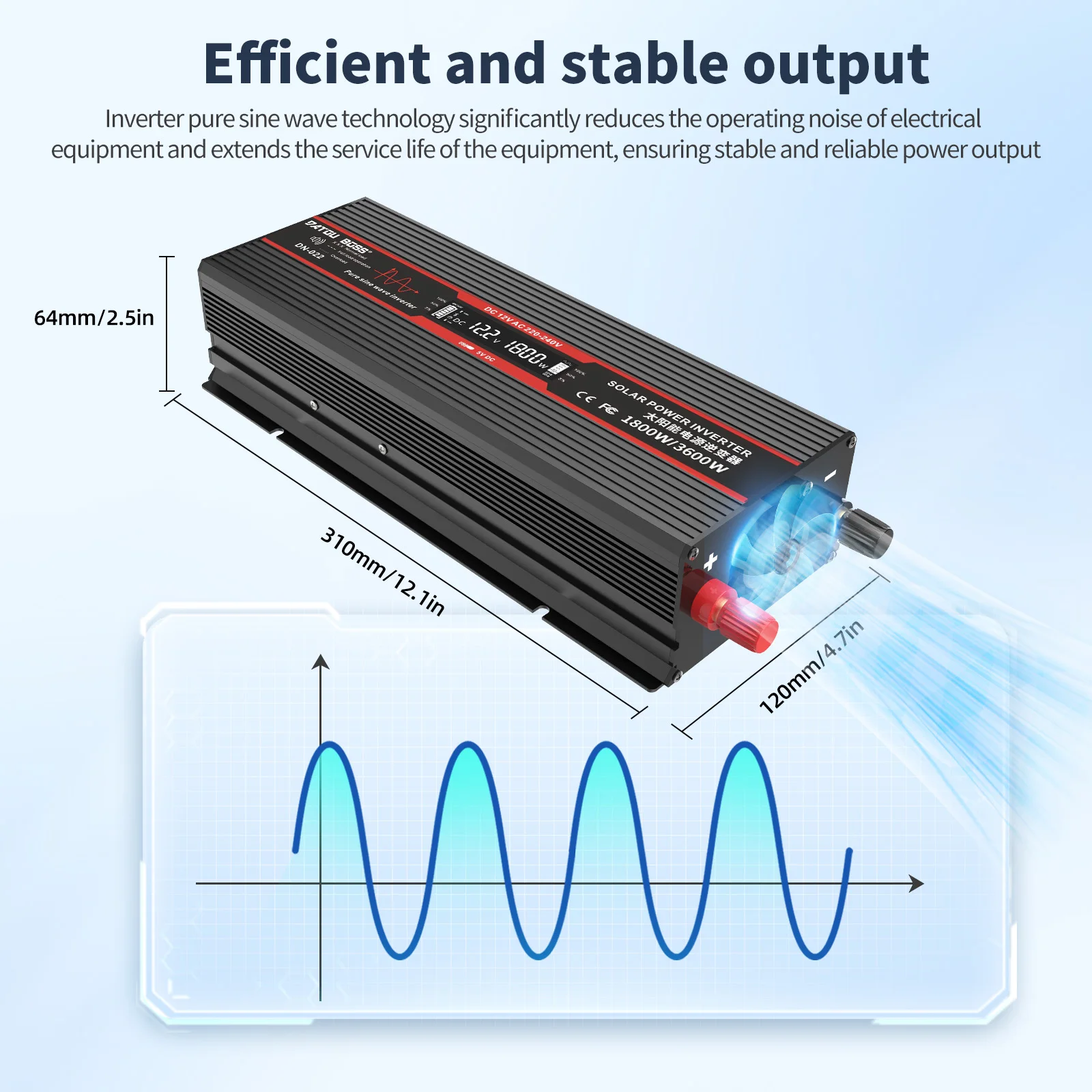 Convertitore a onda sinusoidale pura da 1800 W da 12 V a 220 V con porta USB integrata, terminale a filo rigido, display LCD, convertitore CA da 12 V CC a 230 V