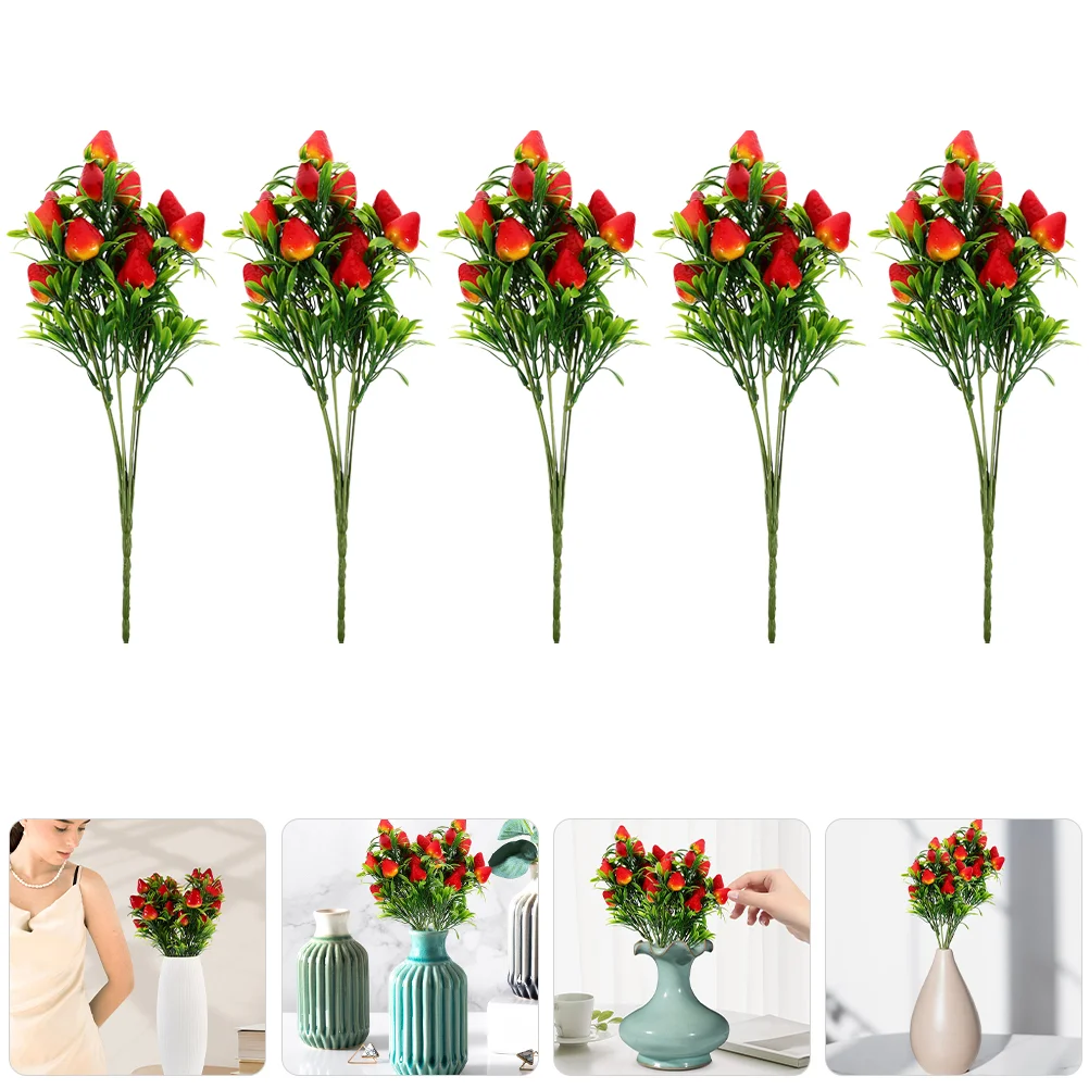 

5 Pcs Simulation Strawberry Bouquet Artificial Stem Faux Branch DIY Decor Pvc Fake Fruits Branches Bouquets