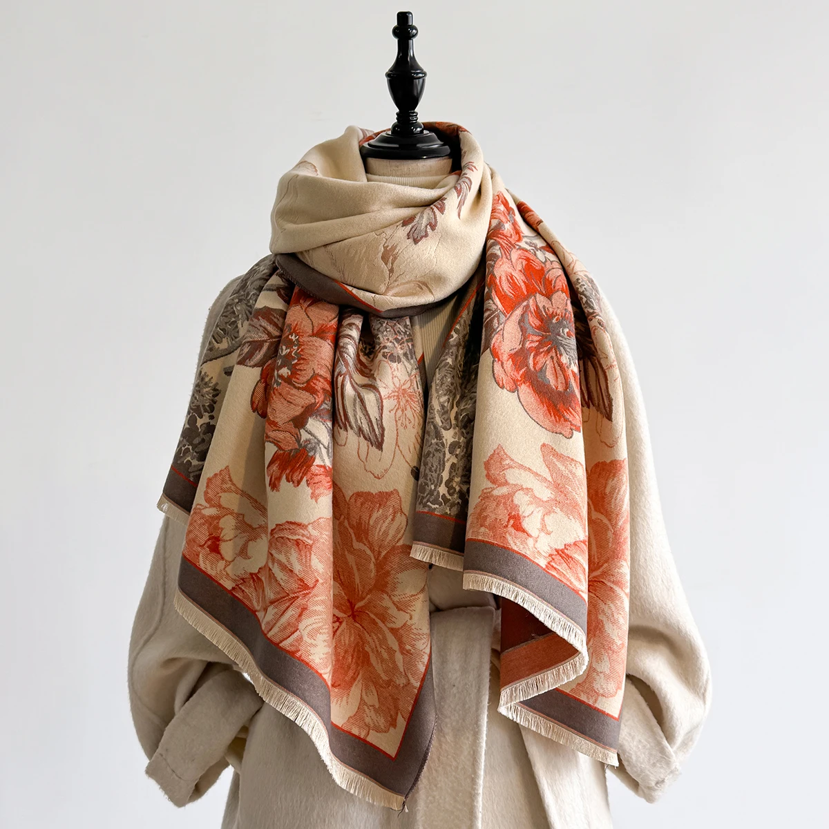 Brand Fashion Winter-Kaschmirschal für Damen – Pashmina-Schal mit Blumenmuster und Quasten, dicker, warmer Wickel- und Poncho – Detail 20