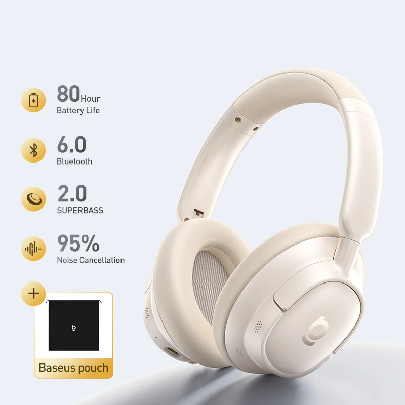 Baseus Bass BH1 NC Lite ANC Draadloze Hoofdtelefoon 95% Ruisonderdrukking Headset Bluetooth 6.0 80 uur Over-Ear Oordopjes