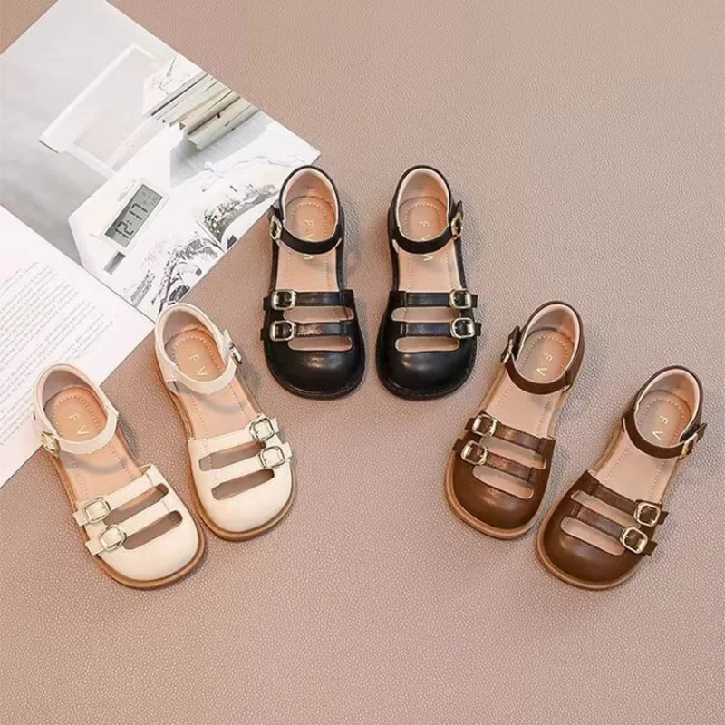 New 2024 Summer Sandals Girls Soft Non-slip Princess Shoes Kids Leather Cuts-out Children Closed Toe Soft Fashion Toddler Shoes