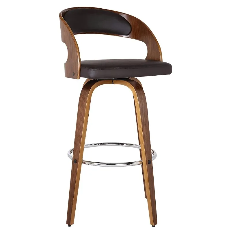 Brown Wood Legs Nordic Solid Wood Bar Stool Hotel Restaurant Bar Counter Luxury Leather High Arm Bar Chair with Backrest