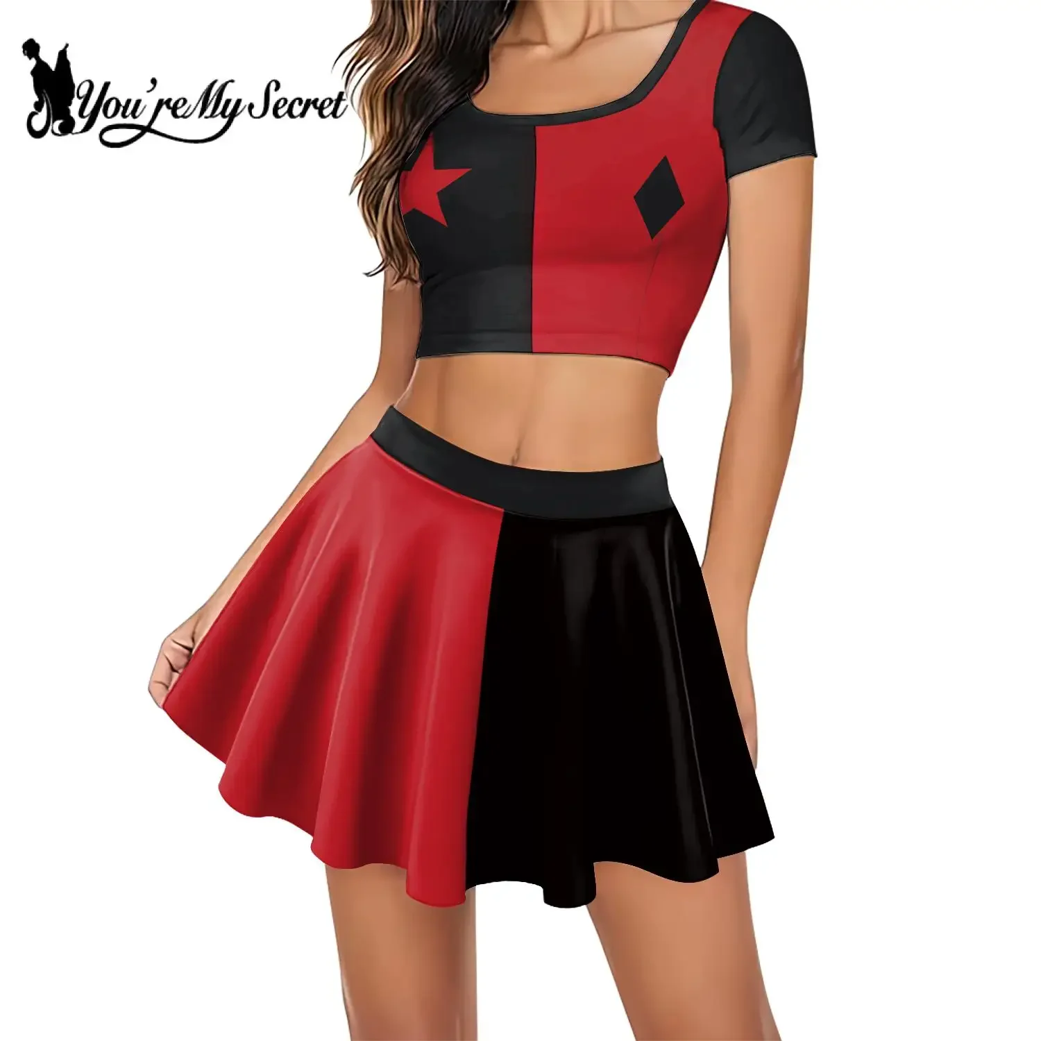 IMU [You're My Secret] Movie Clown Harley Women Suit Joker Hero Cosplay Costume High School Crop Top Pleated Skirt Two Piece Set