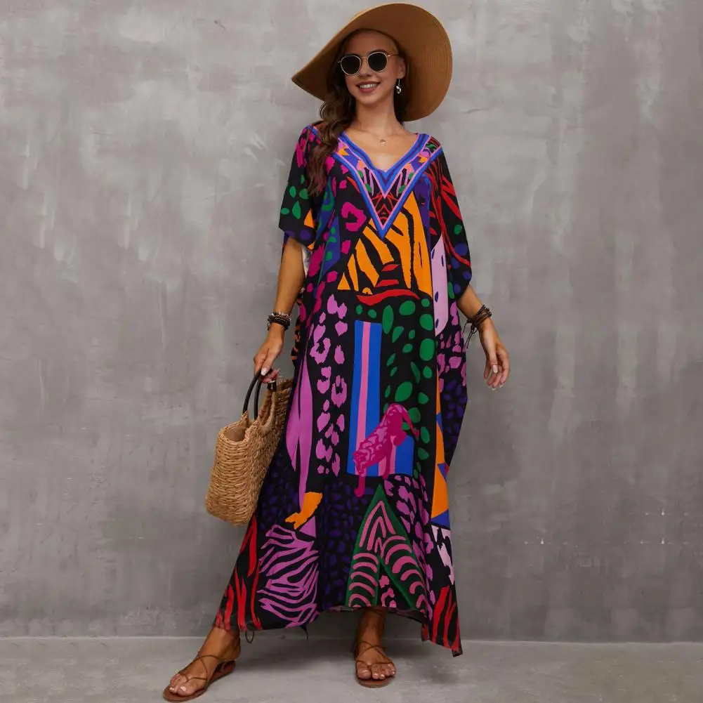 Distinctive Print Beach Dress Vibrant Color Print Beach Cover Up Dress with Side Slit Loose Fit V-neck Bikini Cover for Vacation