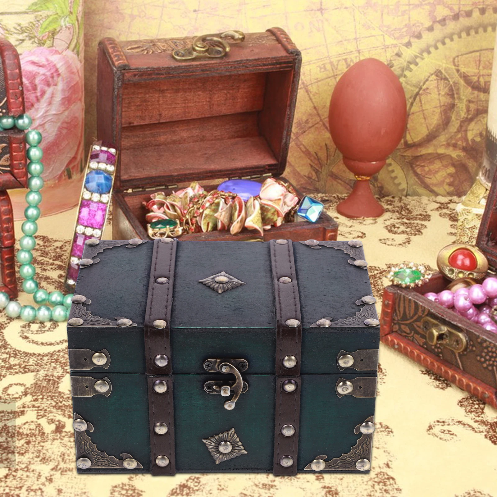

Vintage Wooden Treasure Chest Box Trinket Storage Organizer Jewelry Box Hasp Lid Retro Decorative Gift Small Space Saving
