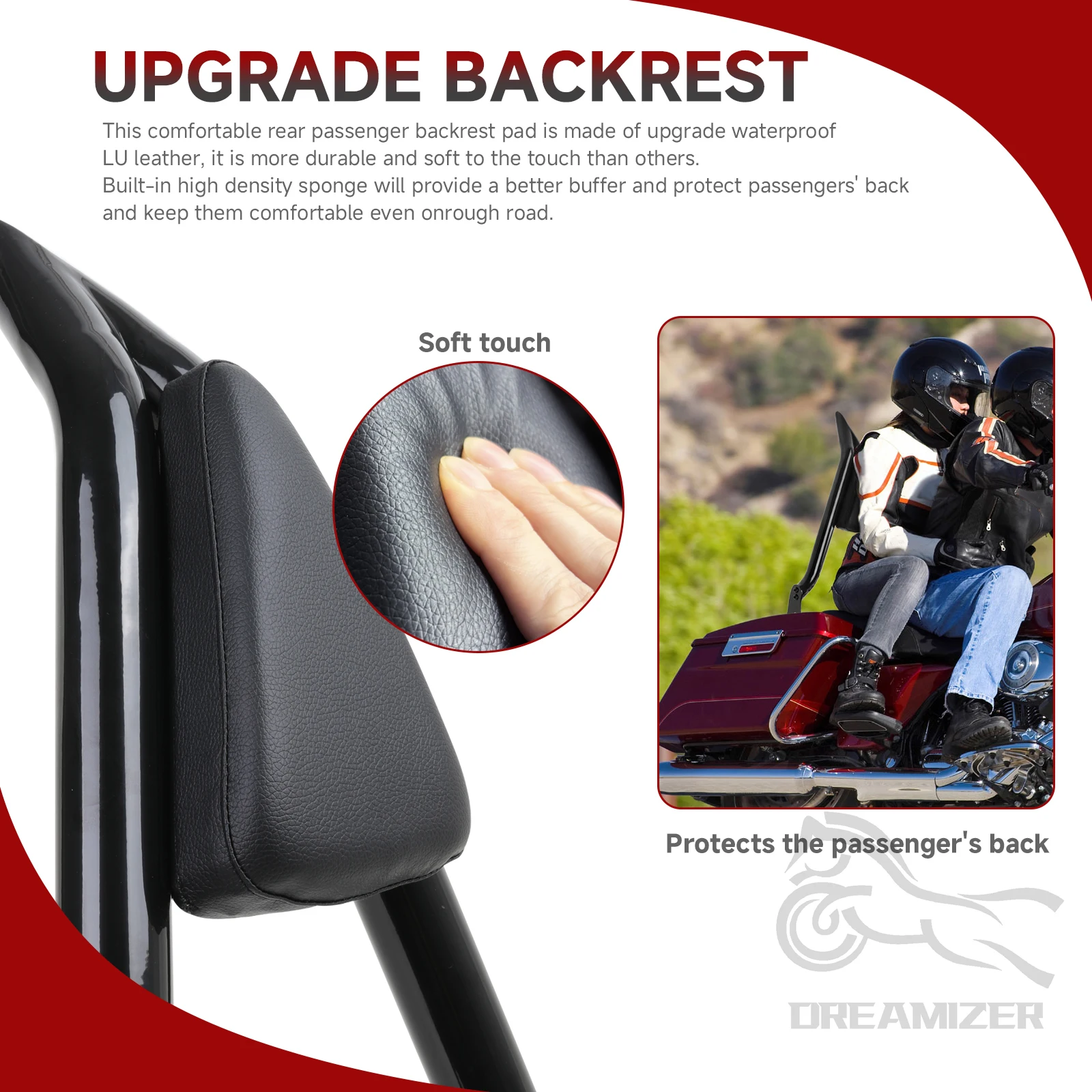 22 ''ผู้โดยสาร Sissy Bar พนักพิงรถจักรยานยนต์ด้านหลังที่ถอดออกได้พนักพิงสําหรับ Harley Touring Road King Street Electra Glide 2009-23