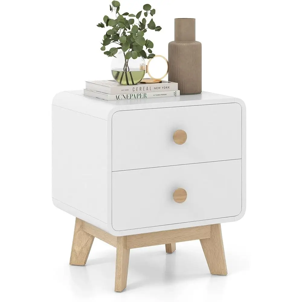

Dual Drawer Nightstand, Century-Style Bed Table with Adorable Round Knobs, Solid Rubberwood Side Table, Compact White Nightstand