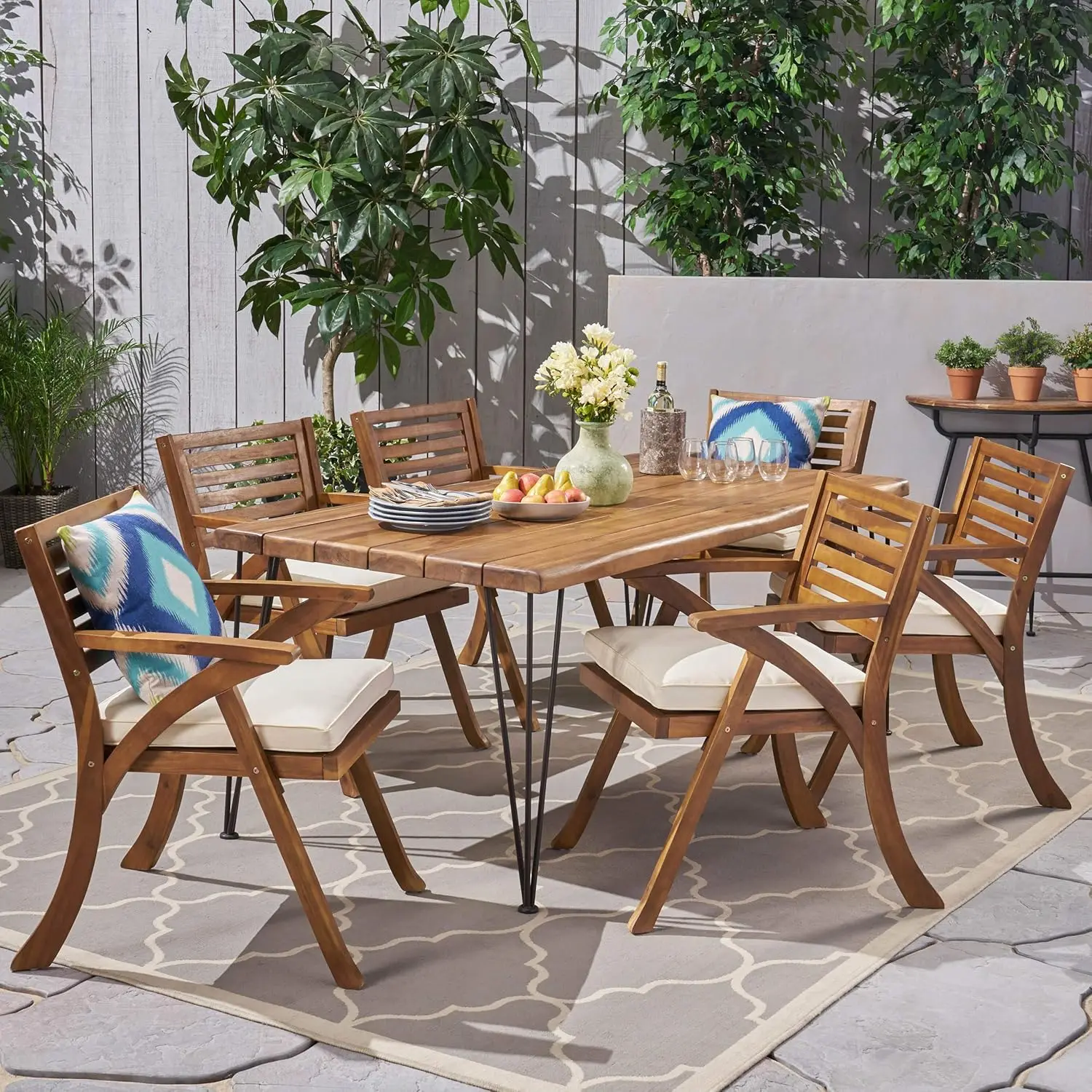 Blaine Patio Dining Set piano e sedie in legno di Acacia gambe tavolo in ferro 6 posti