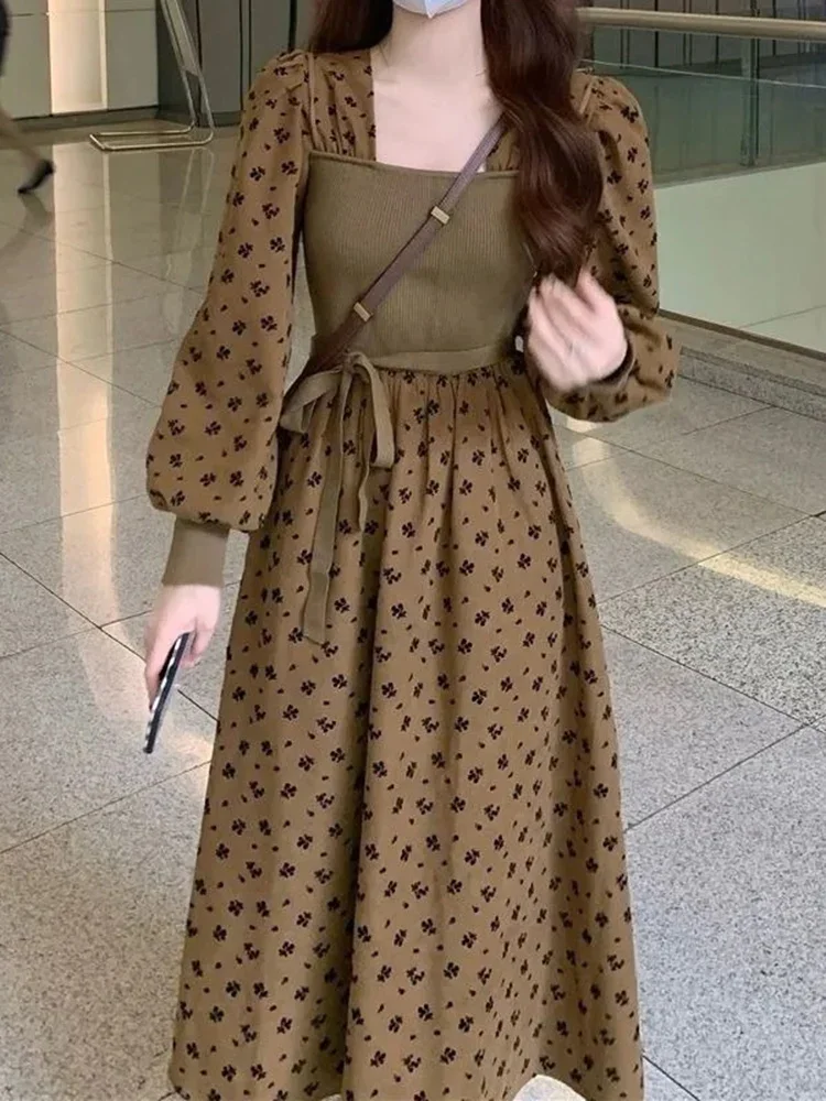 ชุดเดรสไหมพรมลายดอกไม้ คอเหลี่ยม สไตล์เกาหลี สำหรับผู้หญิง ฤดูใบไม้ผลิ ฤดูใบไม้ร่วง แบบ 2 ชิ้นในตัวเดียว