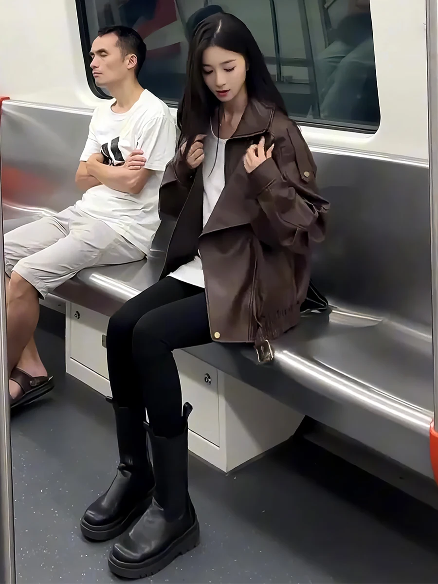 American Retro Leather Jaet Long Sve Stand Collar Women's Coat Irregular Design Spring New Sle High-End Feelings