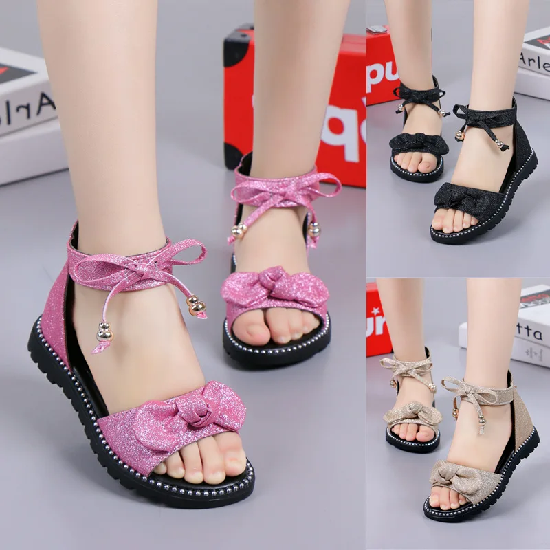 New 2023 Summer Girls Sandals Fashion Bowtie Zipper Princess Girls Shoes Children Kids Baby Party Flat Gladiator Sandals 27-37