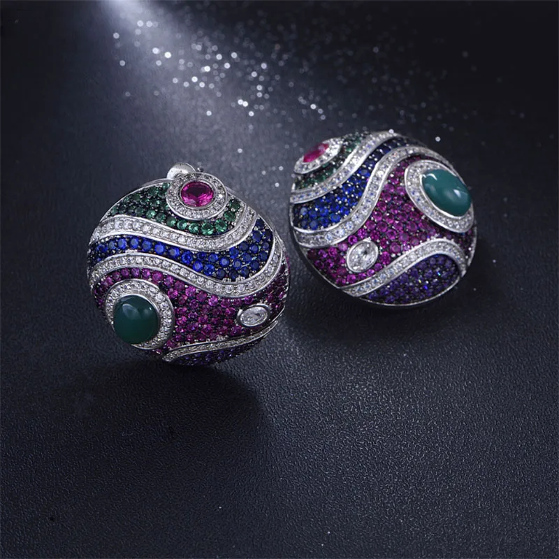 

New Fashion Titanium Steel Micro-Inlaid Color AAA Zircon Round Silver Needle Luxury Retro Earrings