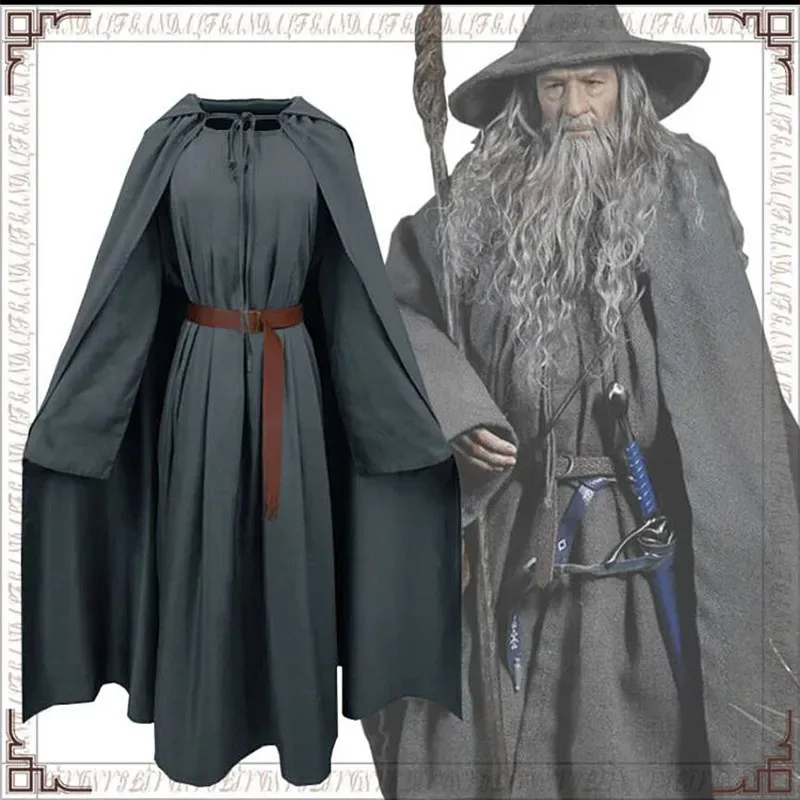 

Anime Gandalf Wizard Cosplay Costume Hobbit Long Gray Cloak Jumpsuit with Hat Belt Halloween Fancy Dress for Man