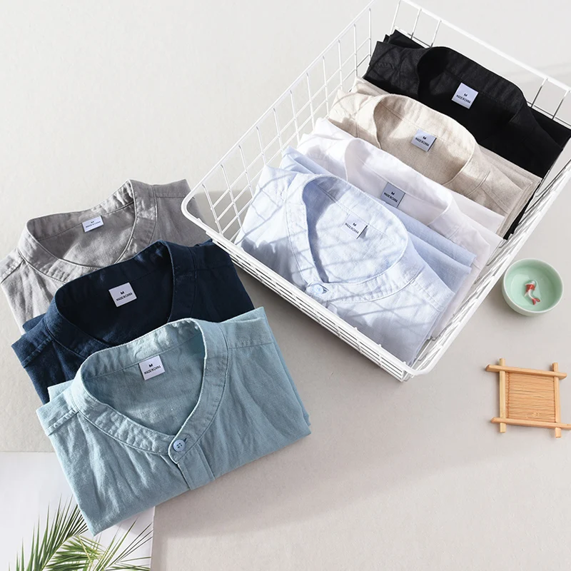 Cotton&Linen Elegant Shirts For Men Long Sleeve Stand Collar Spring Summer Quality Breathable Casual All Match Camisas De Hombre