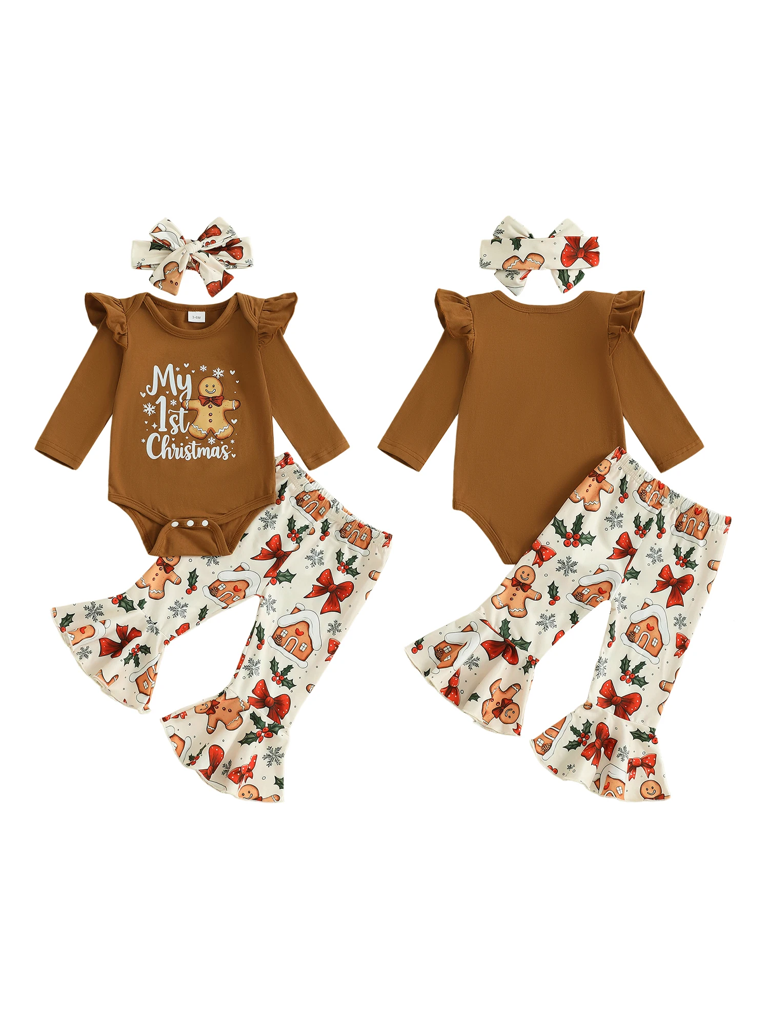 

Toddler Girls Winter Outfit Set Long Sleeve O Neck Reindeer Print Romper Snowflake Print Pants Headband Sets for Christmas