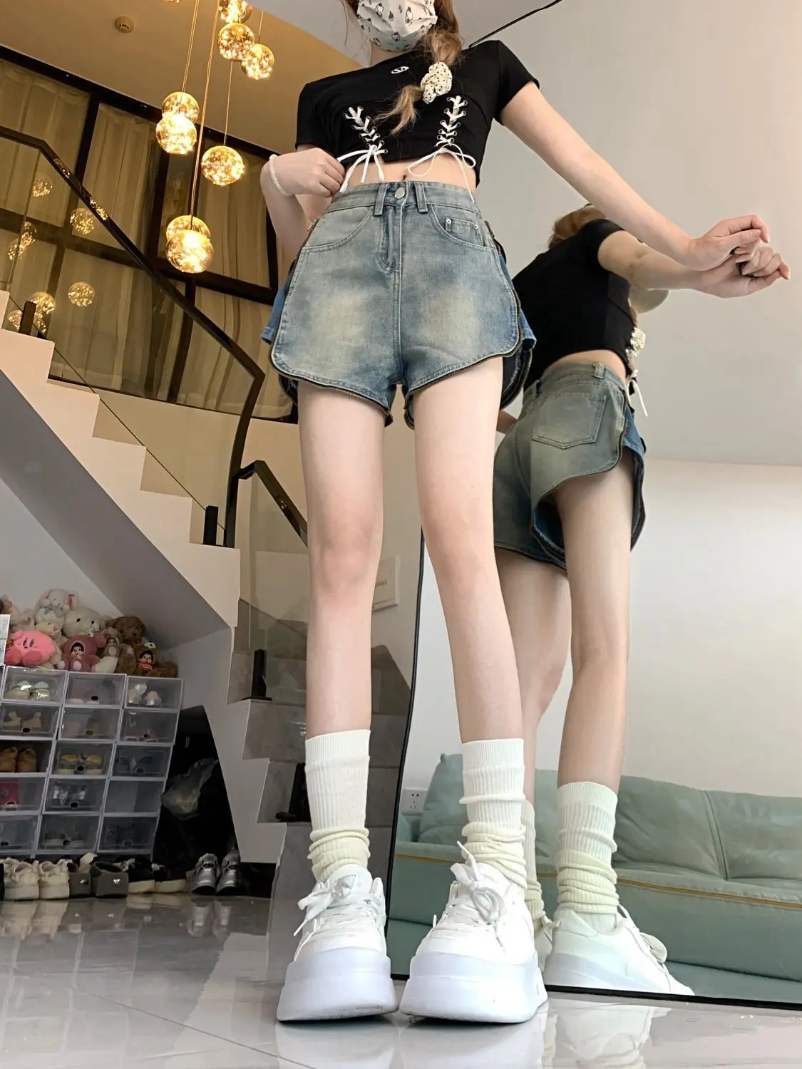 Denim Shorts Side Zipper Design High-Waisted American Retro Women'S 2024 Summer New Hot Girl Loose Versatile Pants