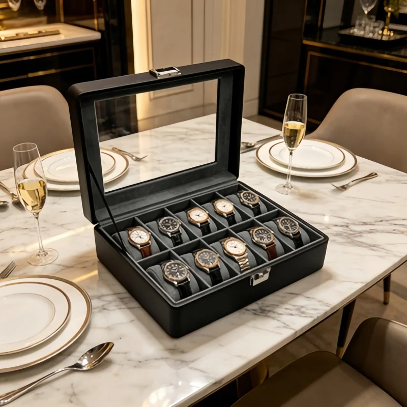 

Business Men's 10 Slot Watch Organizer, Lockable PU Leather Watch Box + 4 Spring Storage Pouches for Daily Commute