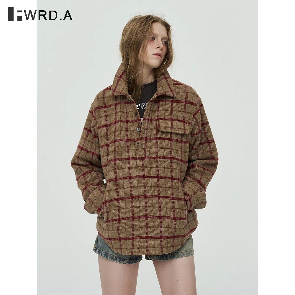 

FWRD Vintage Plaid Contrast Polo Collar Pullover Woolen Jacket Women Red Brown Loose Casual Long Sleeve Sweatshirt #FWRD6065