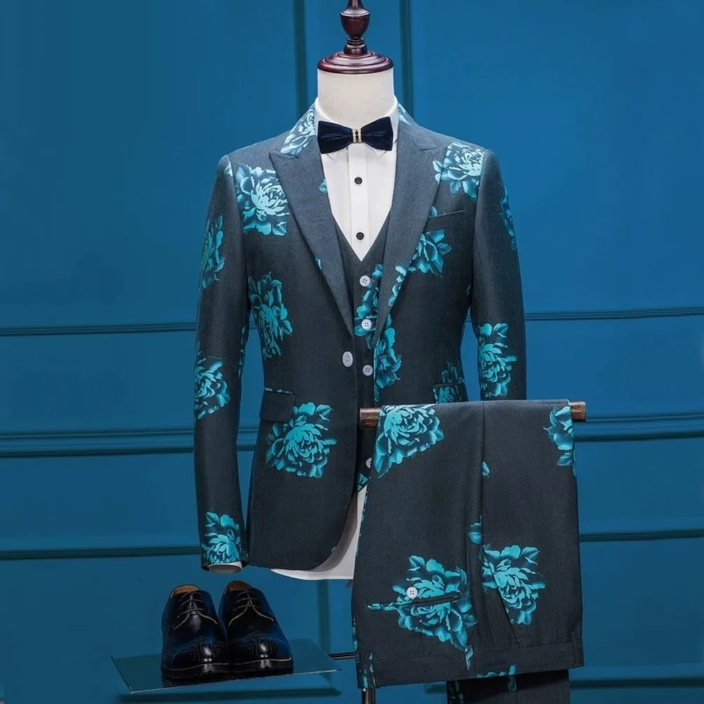 

New 3D Flowers Men Suit Groom Groomsman Wedding Party Formal Occasions Business Male Tuxedo 3 Piece Set Jacket Vest Pants