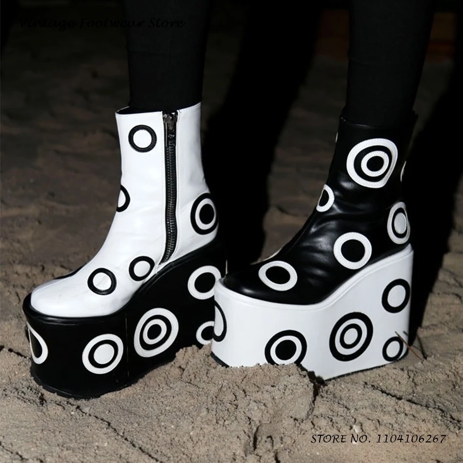 

Ботильоны на платформе в стиле пэчворк с принтом кругов, повседневная обувь на танкетке с круглым носком, увеличивающая рост, женские модные ботильоны с боковой молнией
