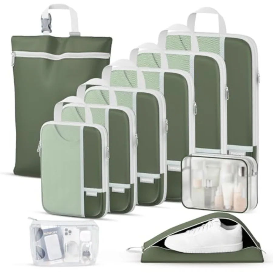 

Percover Compression Packing Cubes 10-Piece Set Travel Organizer with Toiletry Bag Laundry Bag and Shoe Bag in Green for Carry